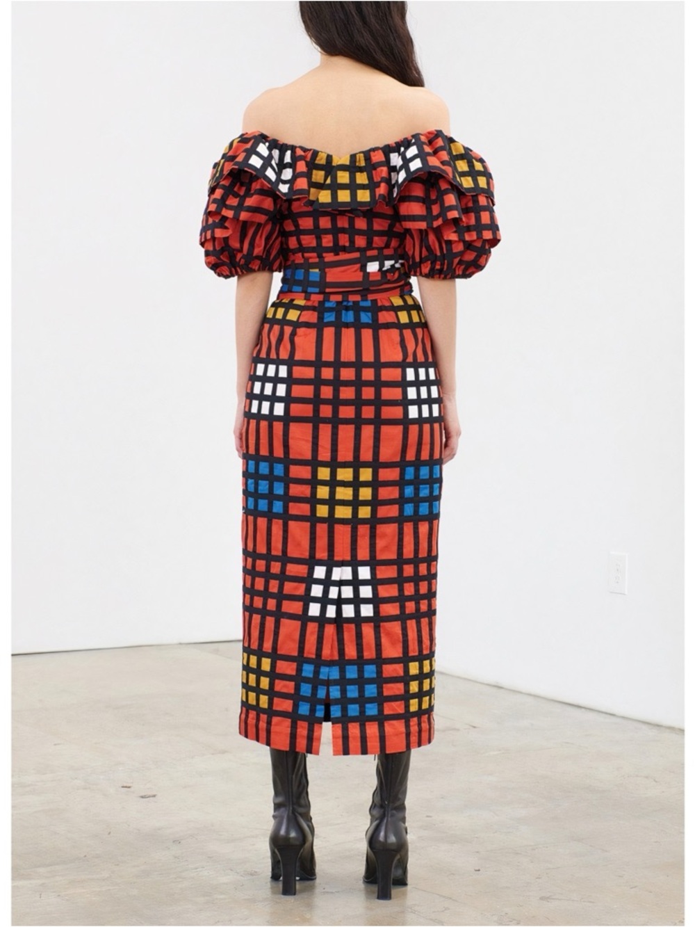 NWOT Mara Hoffman Midi Plaid Puff-Sleeve Arabella Off-The-Shoulder Dress - Picture 7 of 9